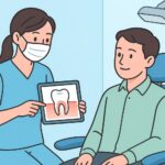 歯科衛生士が患者に３ヶ月ごとのメインテナンスを説明している様子